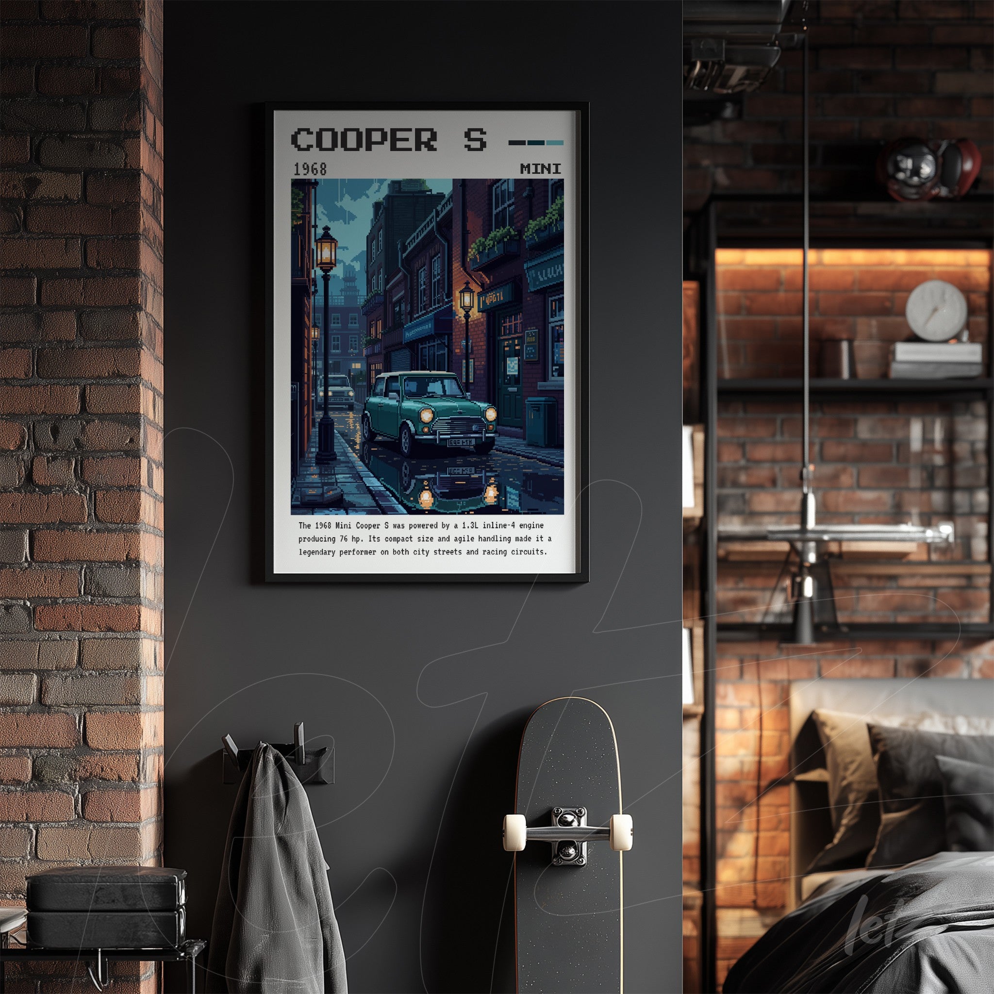 retro style framed art of a mini cooper car on a nostalgic street with black frame against dark wall