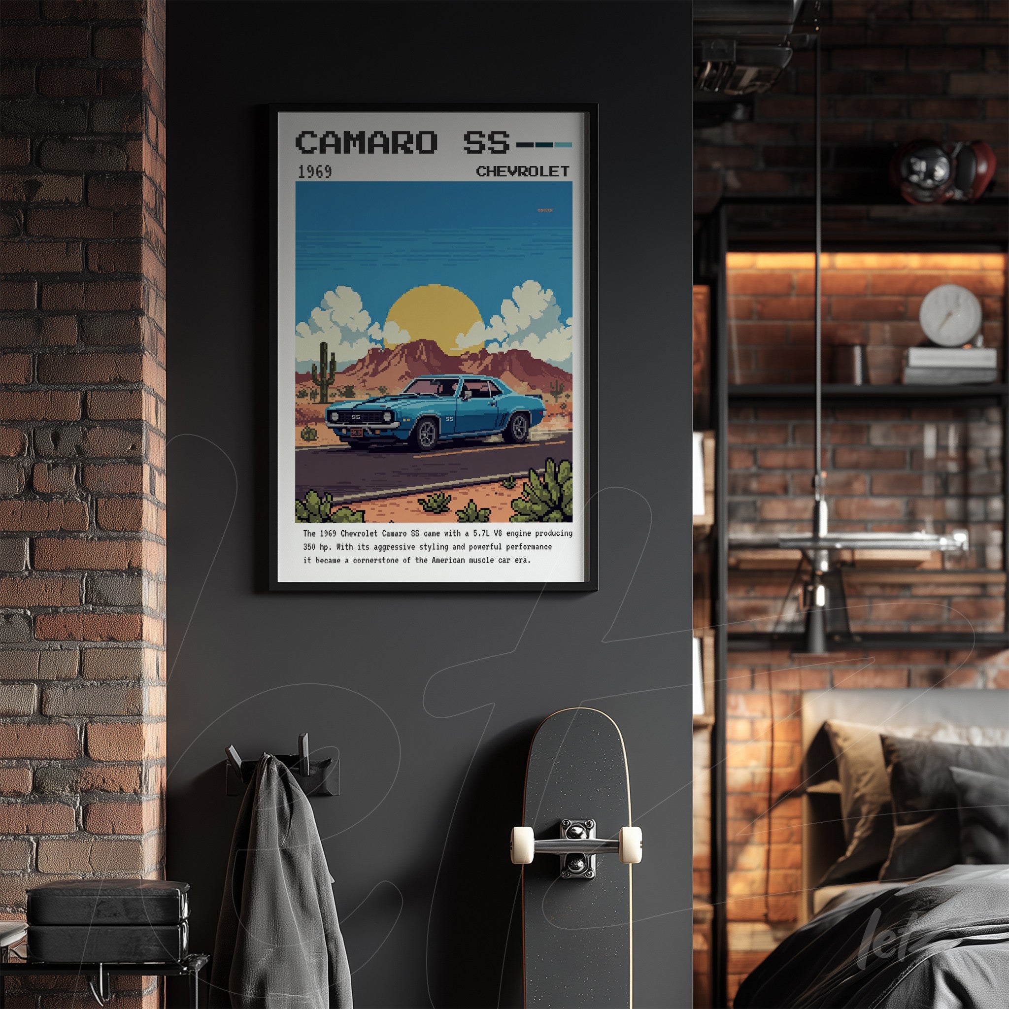 retro wall art featuring a 1969 Chevrolet Camaro SS in black frame with desert and mountain background