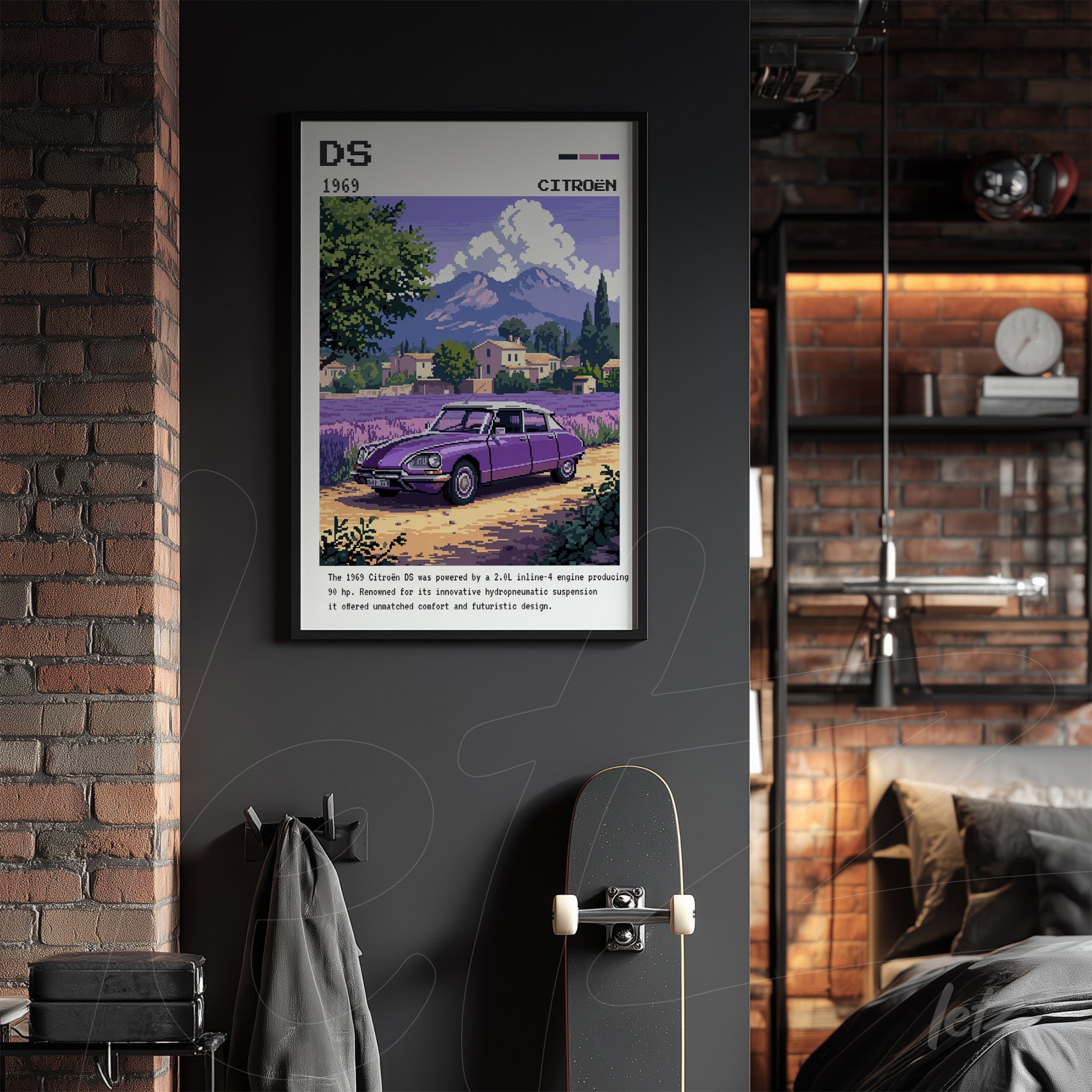 framed wall art featuring a vintage illustration of a Citroën DS in a scenic landscape