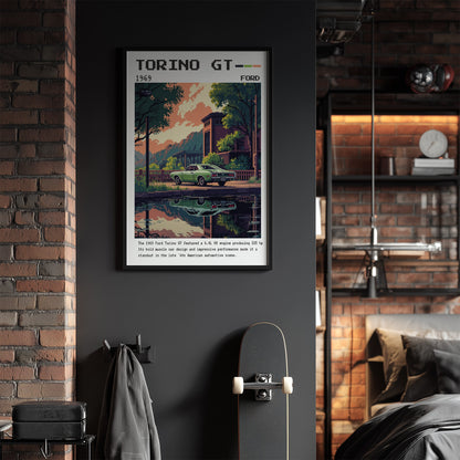 framed vintage illustration of a 1969 Ford Torino GT by the lakeside with a scenic background