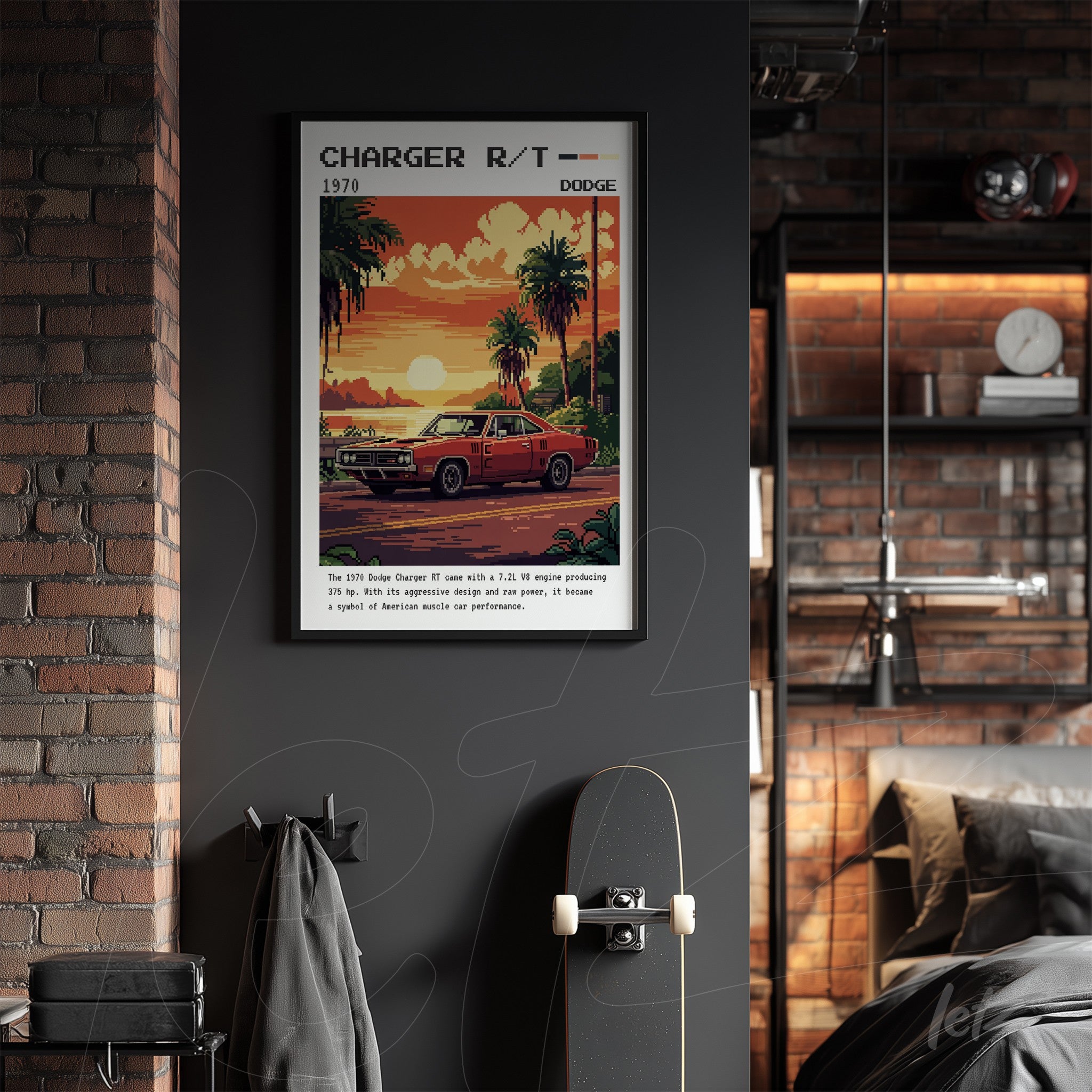 retro digital artwork of 1970 Dodge Charger R/T in black frame, featuring a sunset background and palm trees