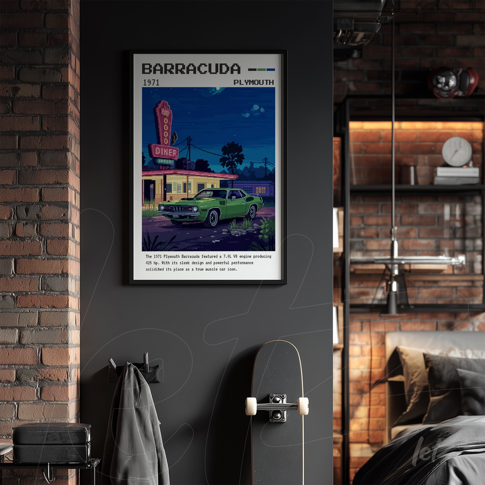 framed vintage illustration of a 1971 Plymouth Barracuda in front of a brightly lit diner at night on a gray wall