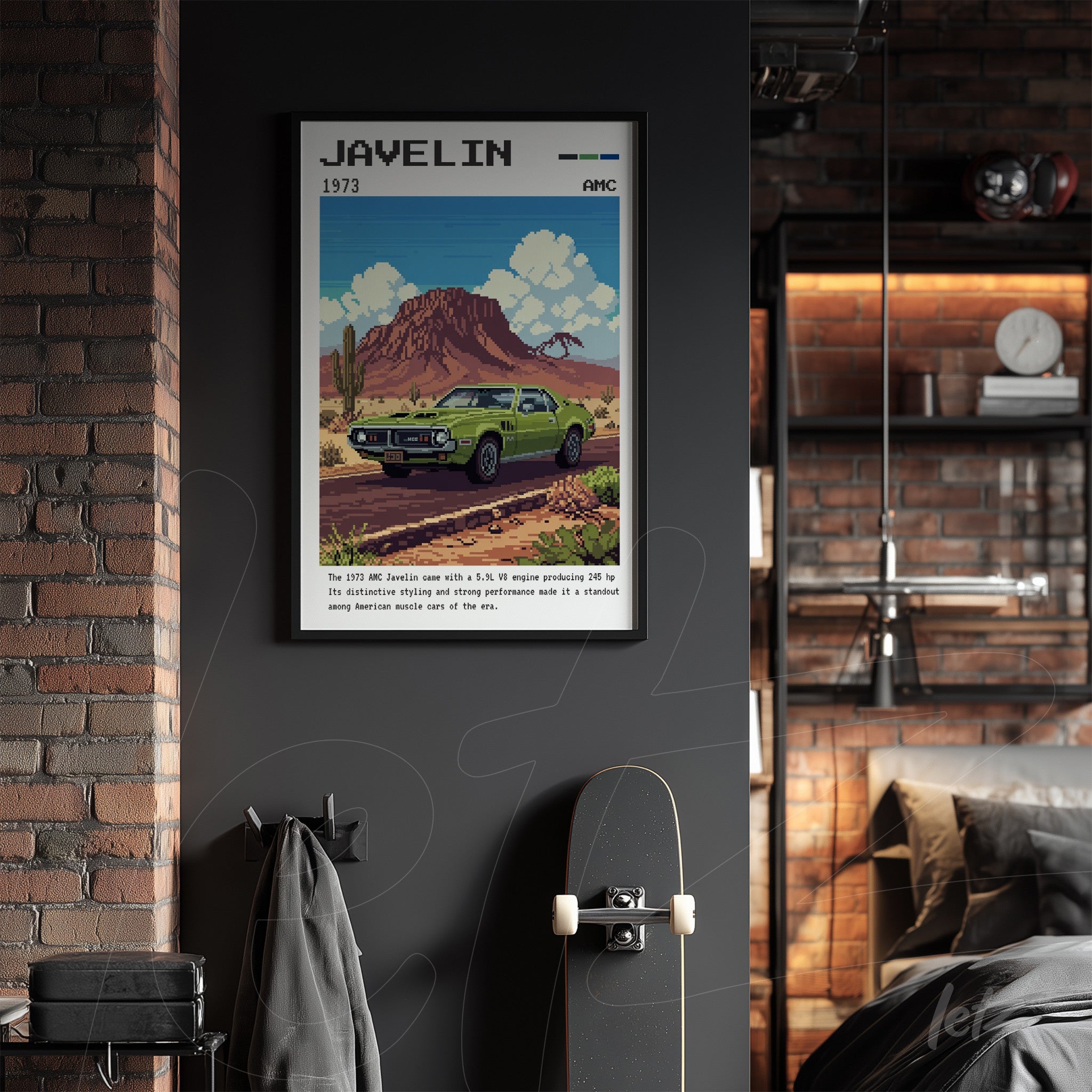 retro style framed art of a green Javelin car against a gray wall