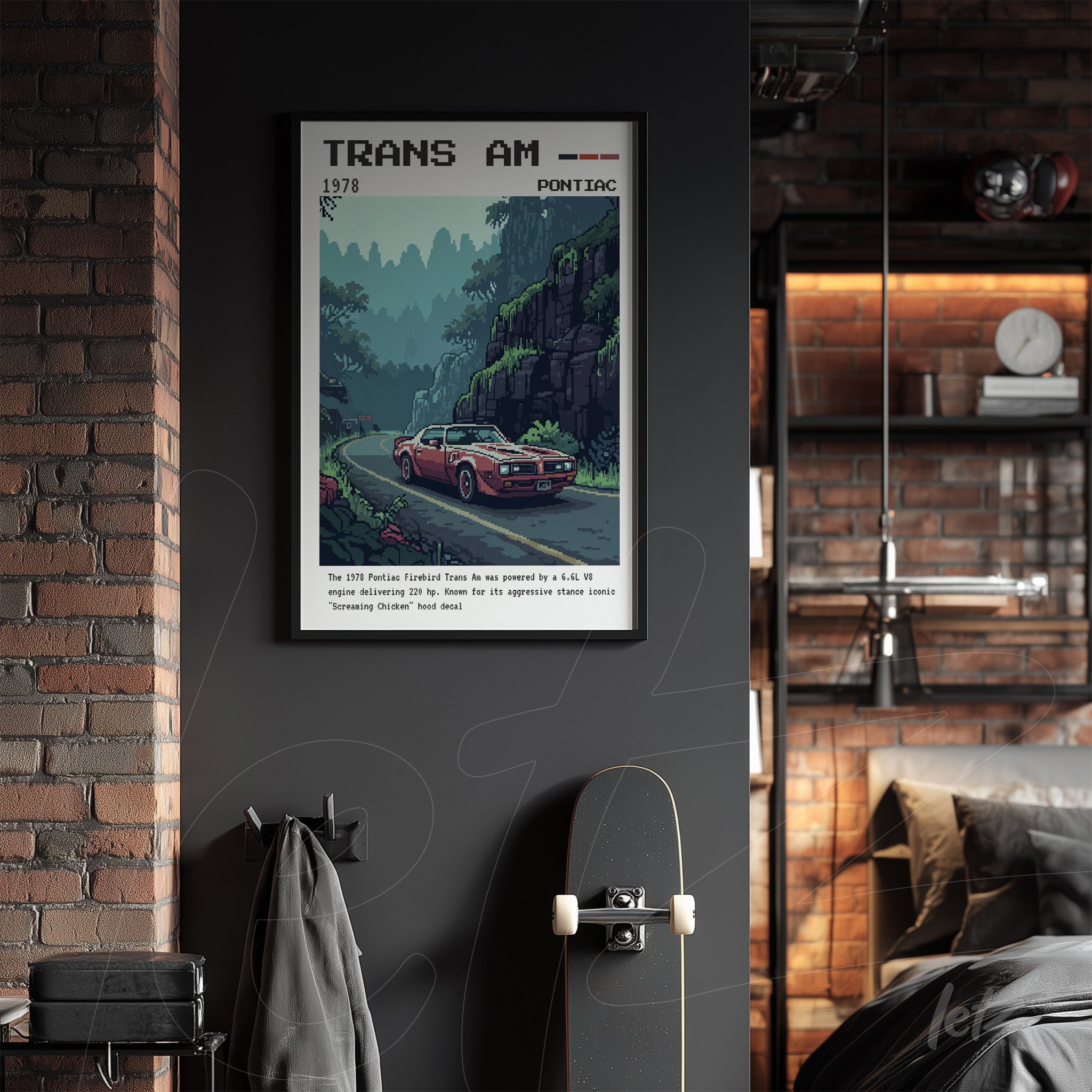 framed artwork featuring a Pontiac Trans Am sports car on a winding road surrounded by lush mountains and greenery