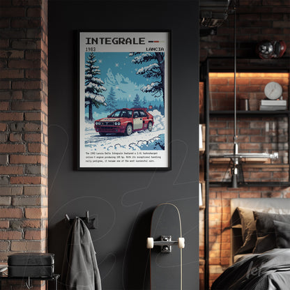 retro style framed art of a Lancia Delta Integrale car with a snowy mountain background and trees