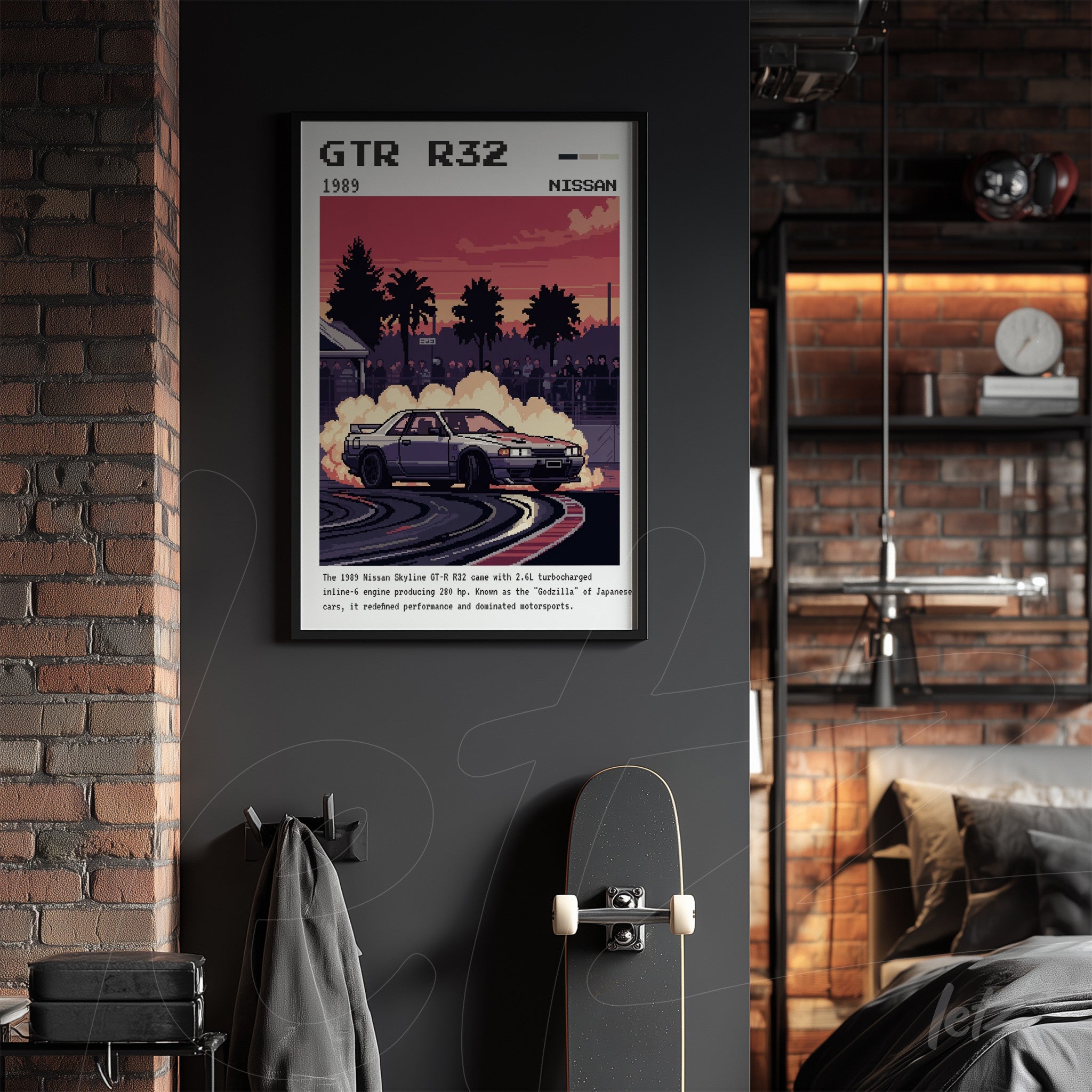 framed retro artwork of a sports car with black frame, background featuring an urban sunset landscape