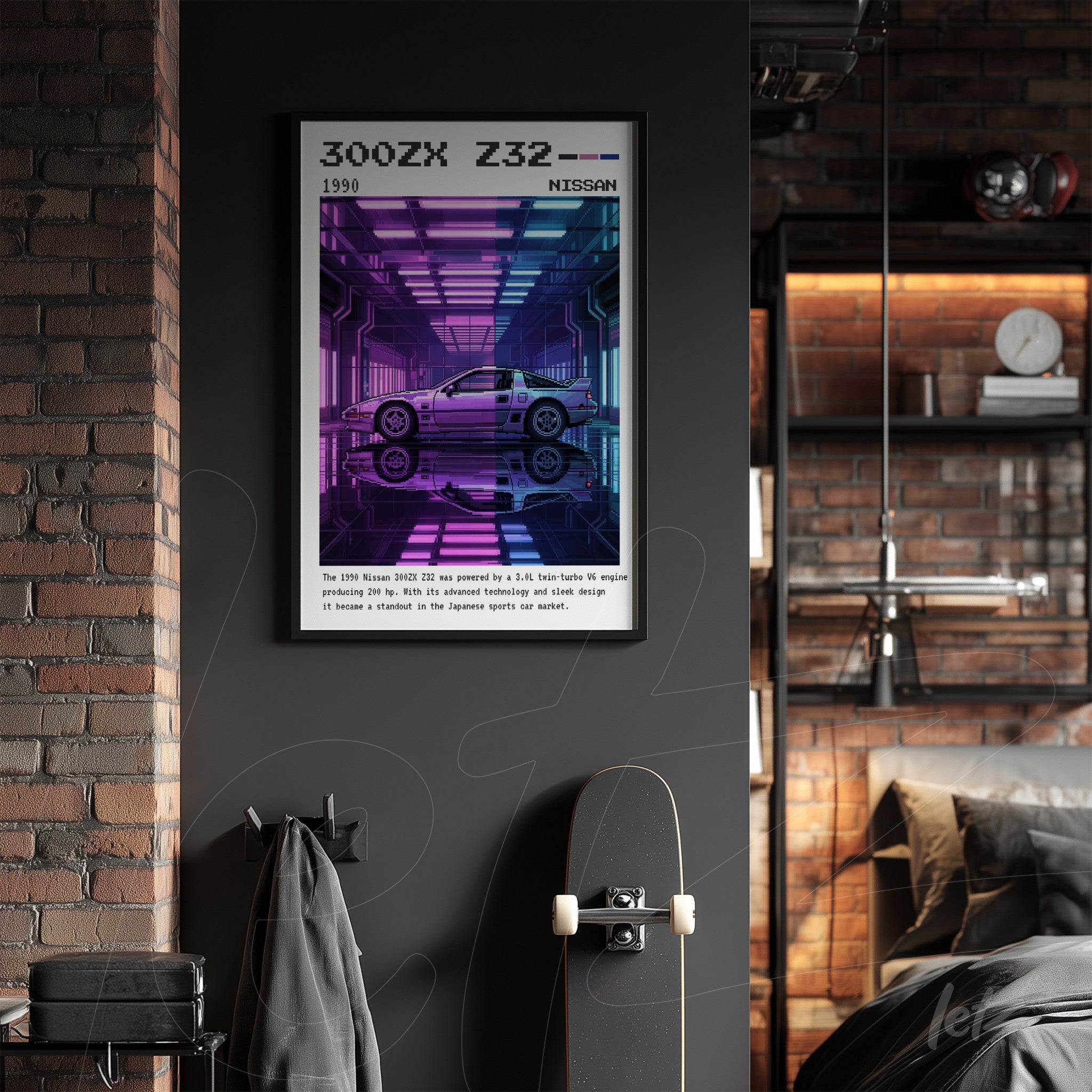 framed wall art of a Nissan 300ZX in retro futuristic style, featuring neon background and cyber lighting displayed on an exposed brick wall