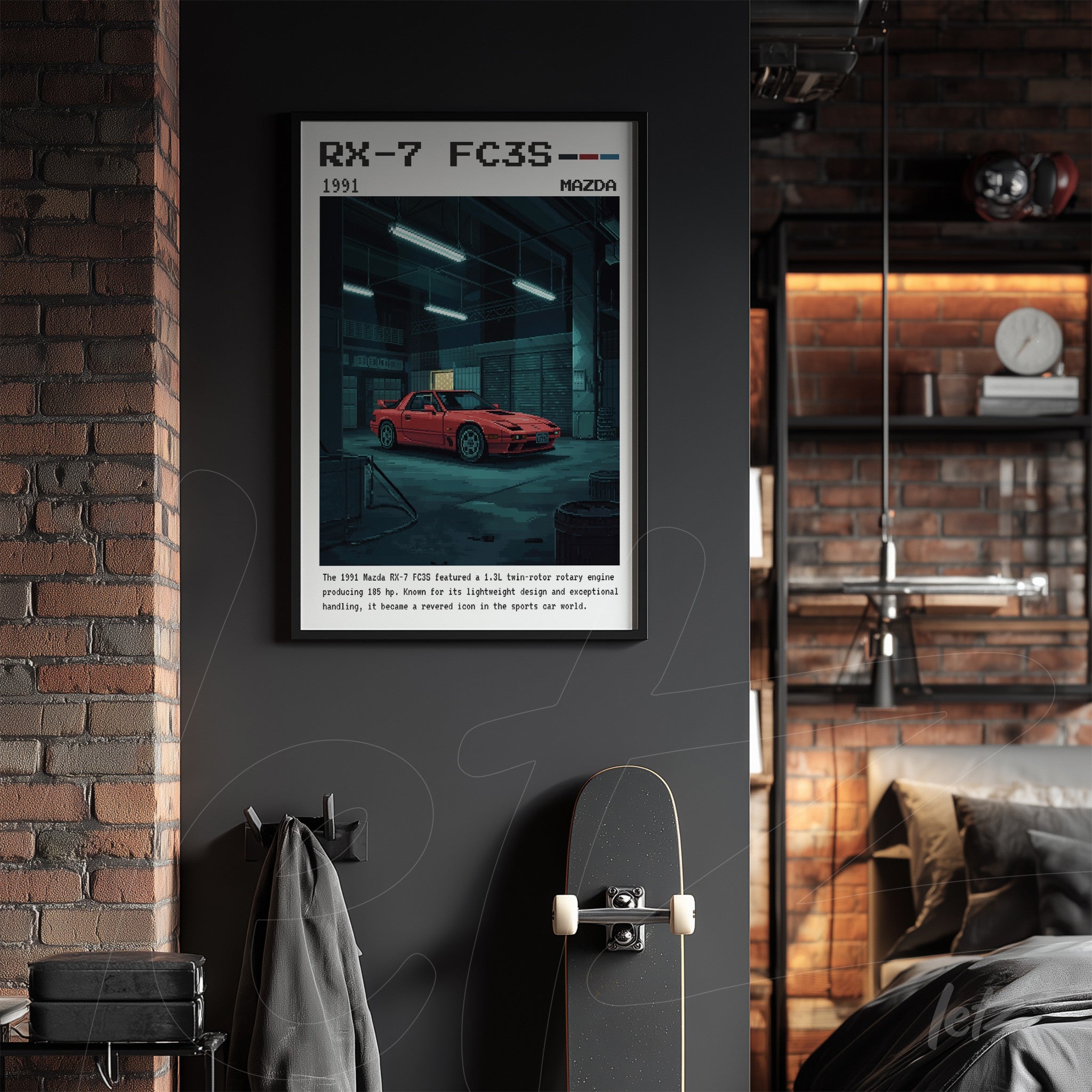 framed wall art featuring an illustration of the Mazda RX-7 FC3S on a dark background, displayed in a modern industrial bedroom