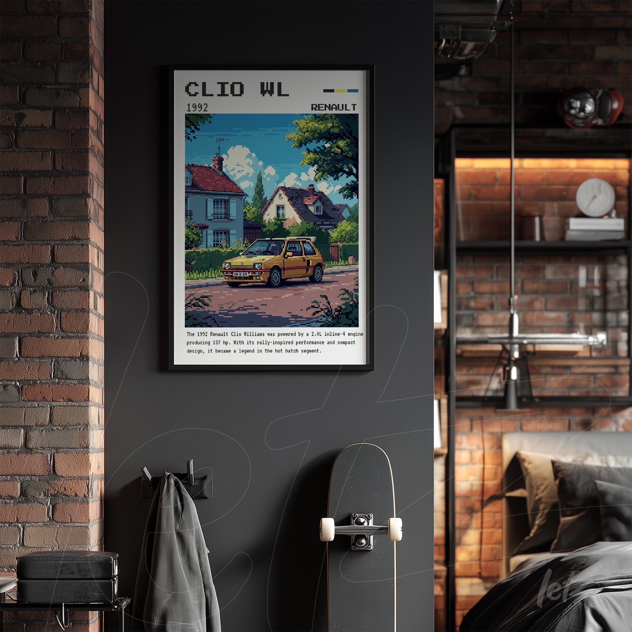 vintage style artwork featuring a 1992 Renault Clio car displayed in a black frame on a dark wall