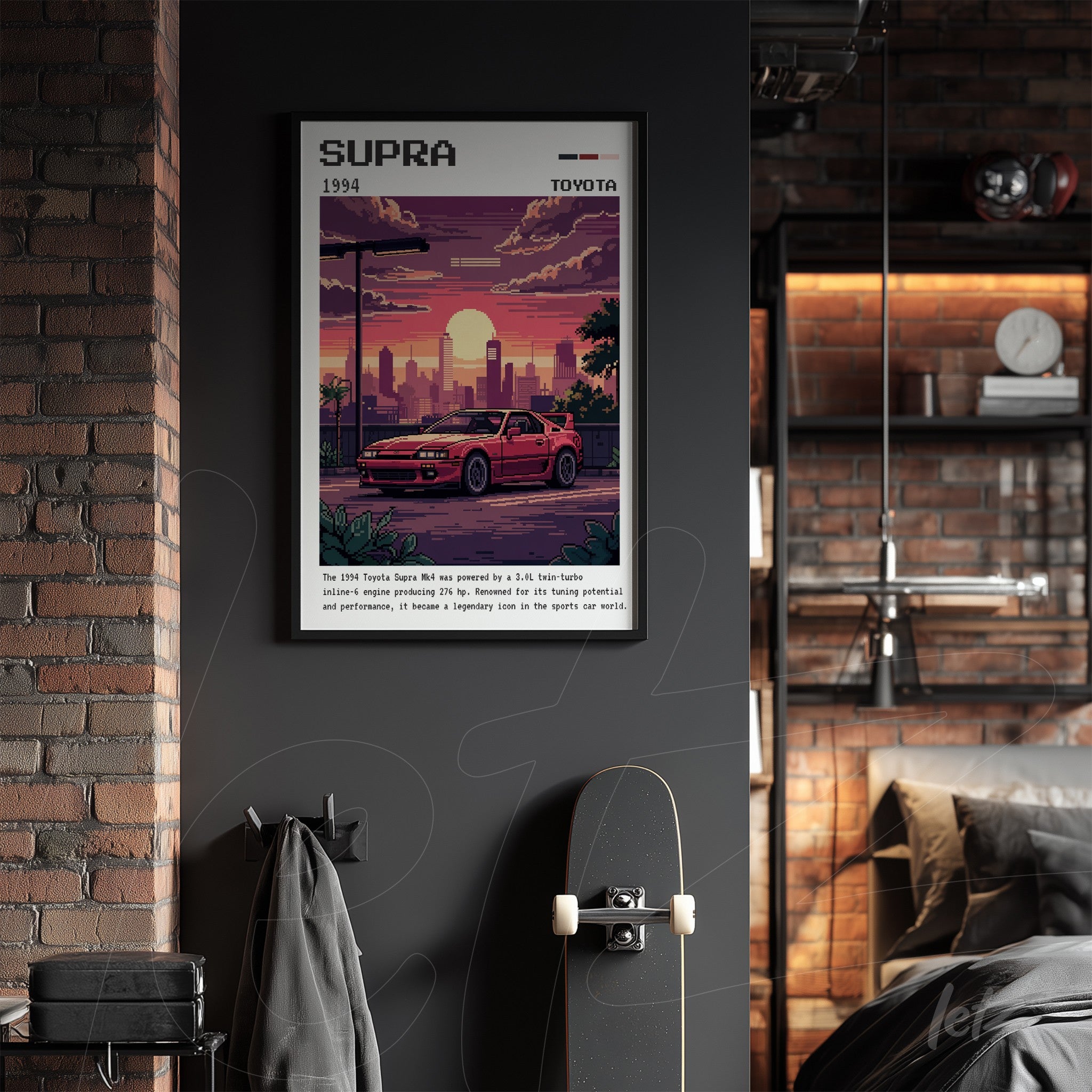 retro style framed artwork of 1994 Toyota Supra with black frame displayed on dark wall featuring urban sunset background