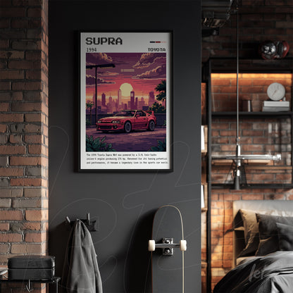 retro style framed artwork of 1994 Toyota Supra with black frame displayed on dark wall featuring urban sunset background