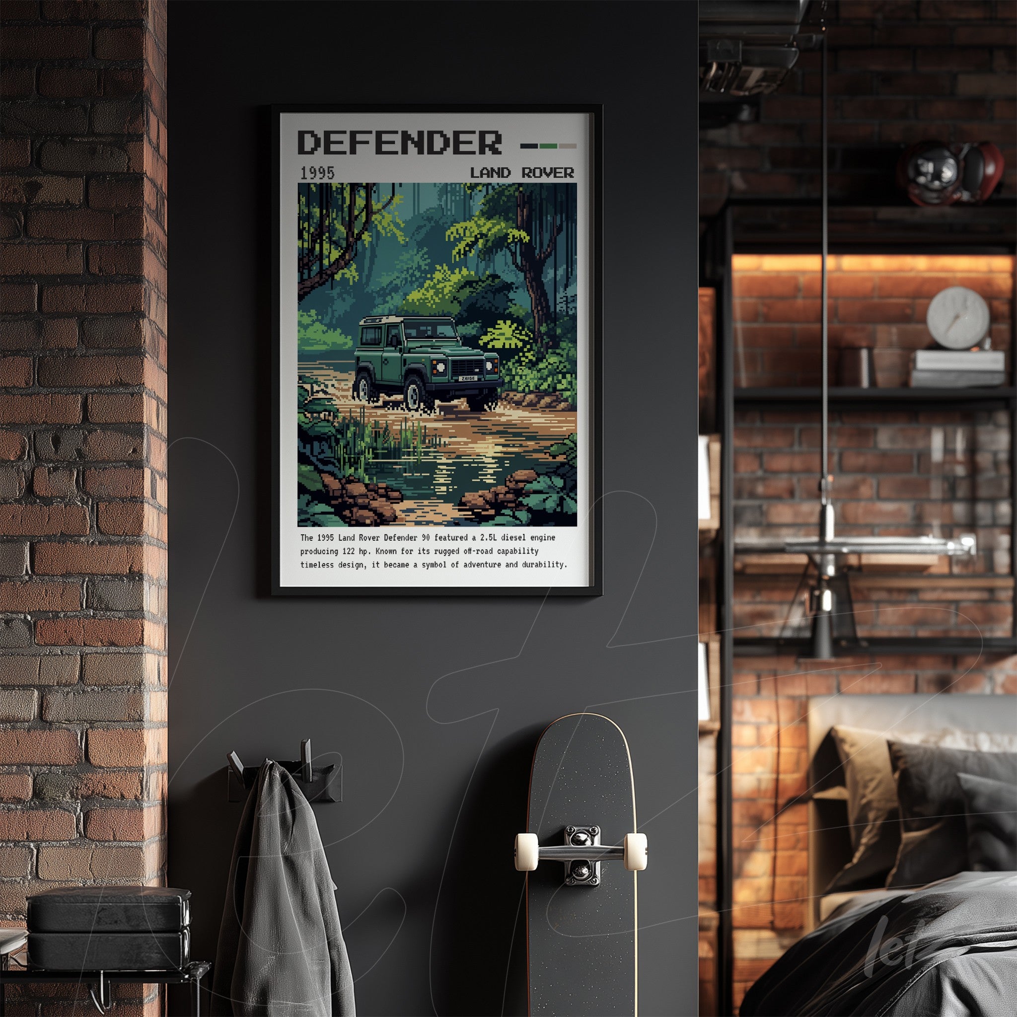 retro style framed artwork of Land Rover Defender vehicle in a forest setting with black frame and vintage aesthetic
