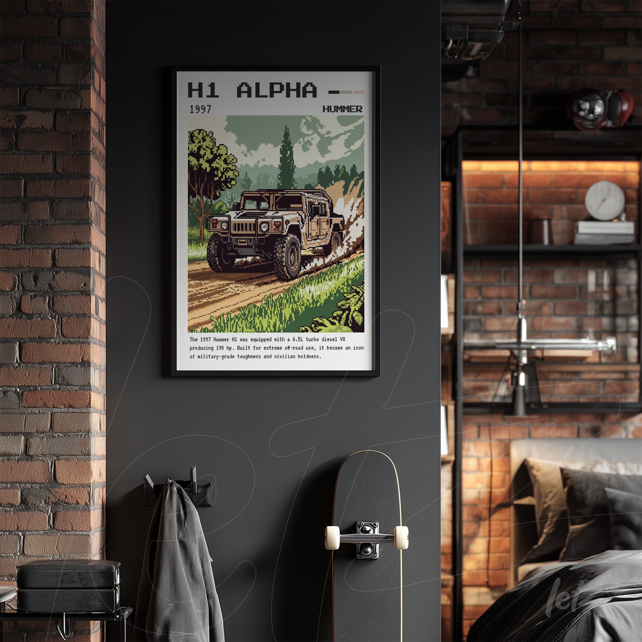 framed wall art featuring the Hummer H1 Alpha vehicle in a dark wall setting with exposed brick details