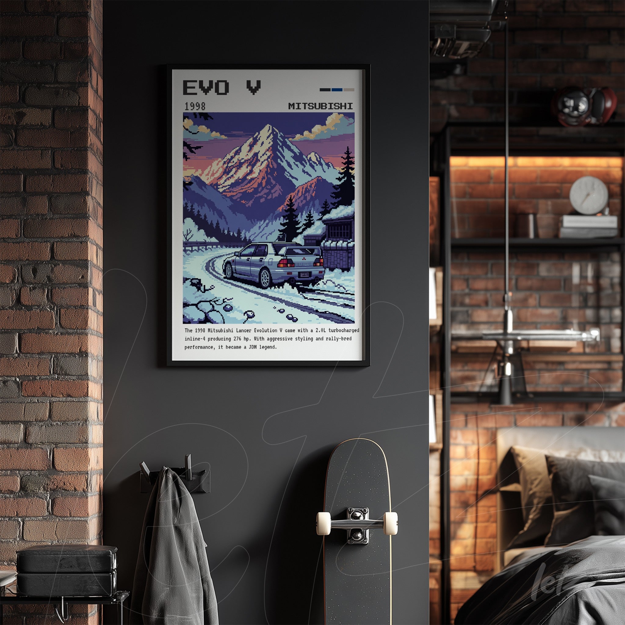 framed retro art of 1998 Mitsubishi Evo V car on snowy mountain with black frame against exposed brick wall