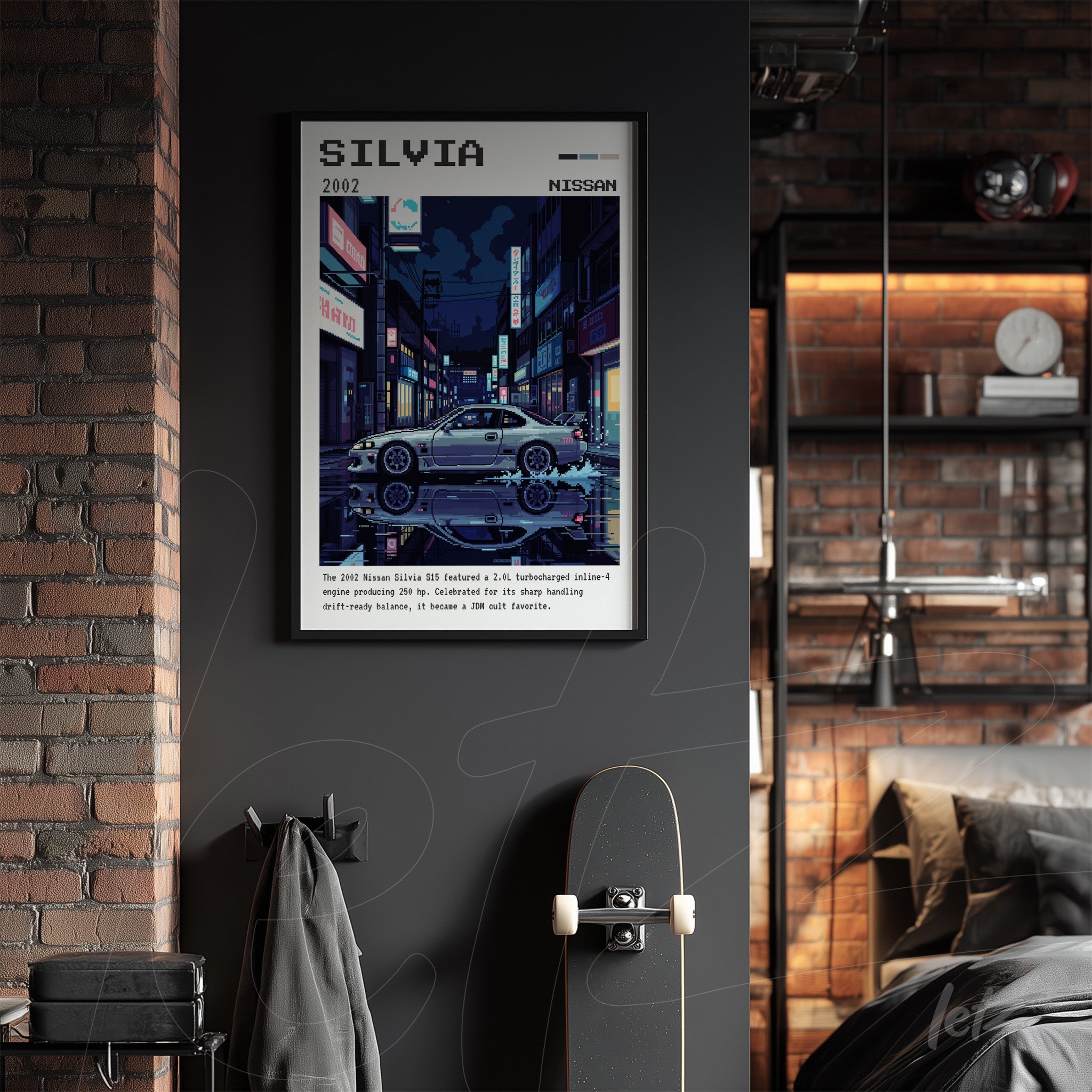 framed wall art depicting a digital illustration of a Nissan Silvia in a vibrant night cityscape with black frame