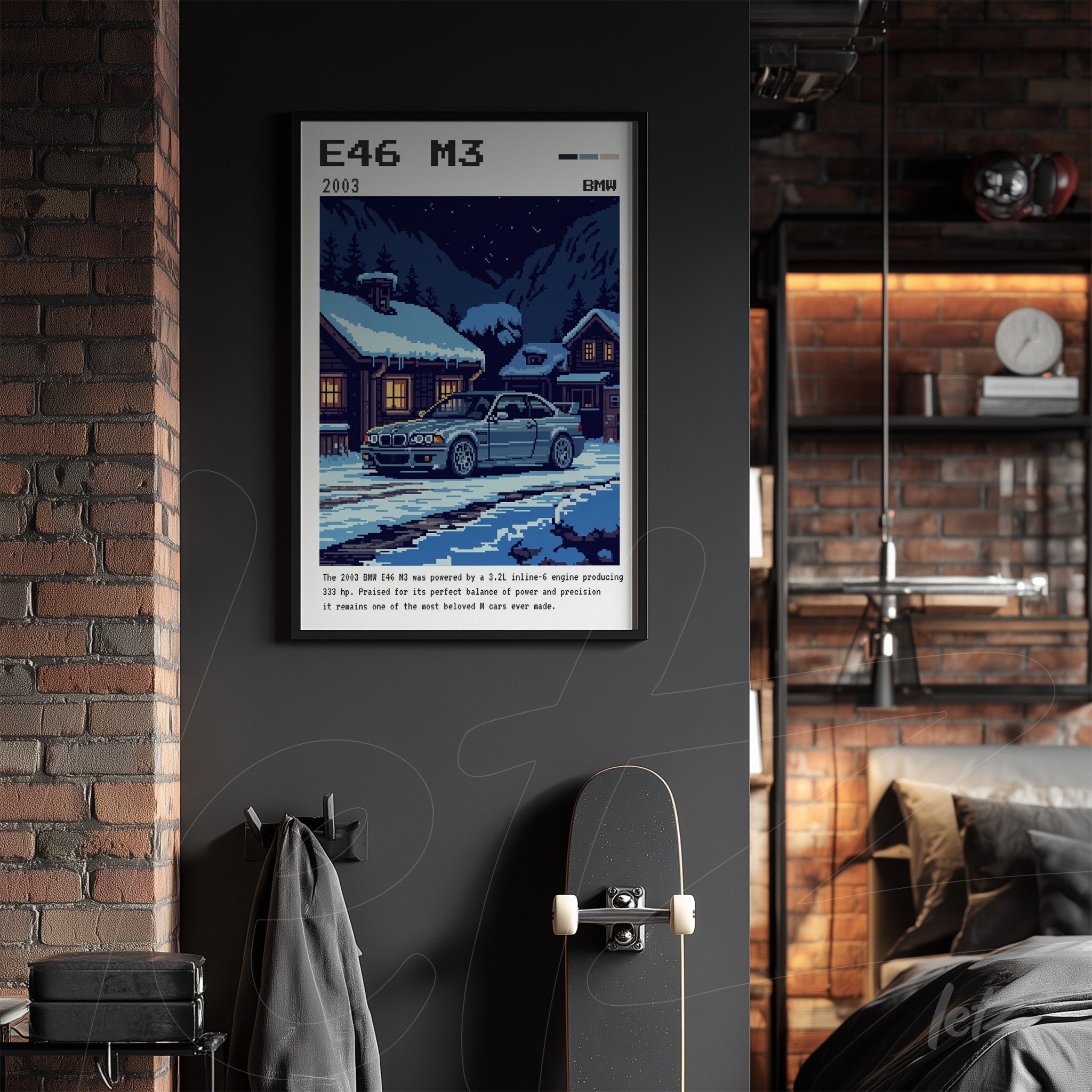 framed art piece featuring the BMW E46 M3 in a snowy nighttime scene with wooden houses