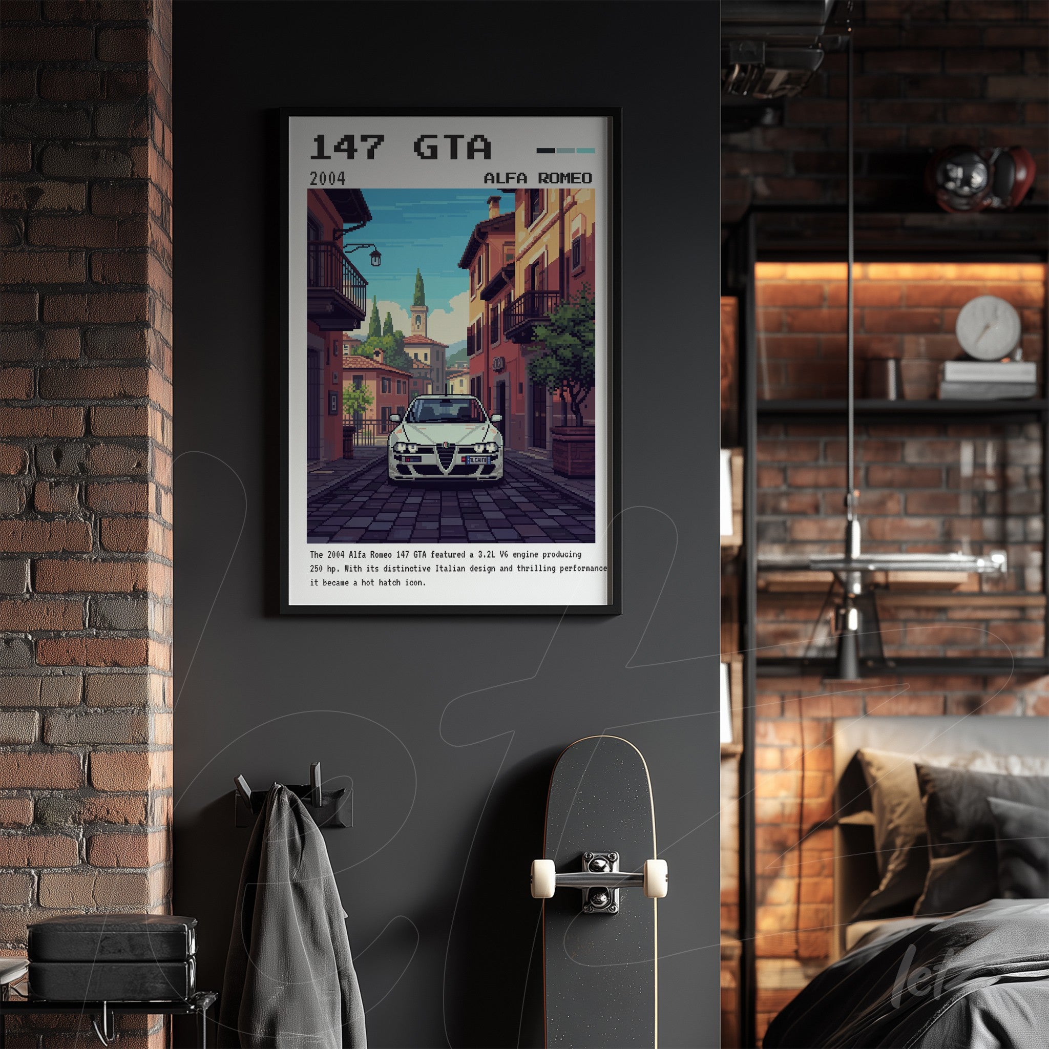 framed digital art of the Alfa Romeo 147 GTA in an urban setting with a black frame