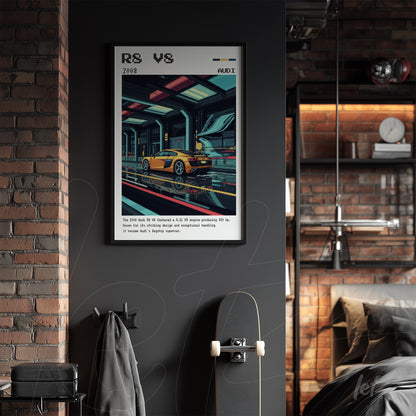 framed wall art featuring retro illustration of a yellow sports car on an urban track with dark background and futuristic details