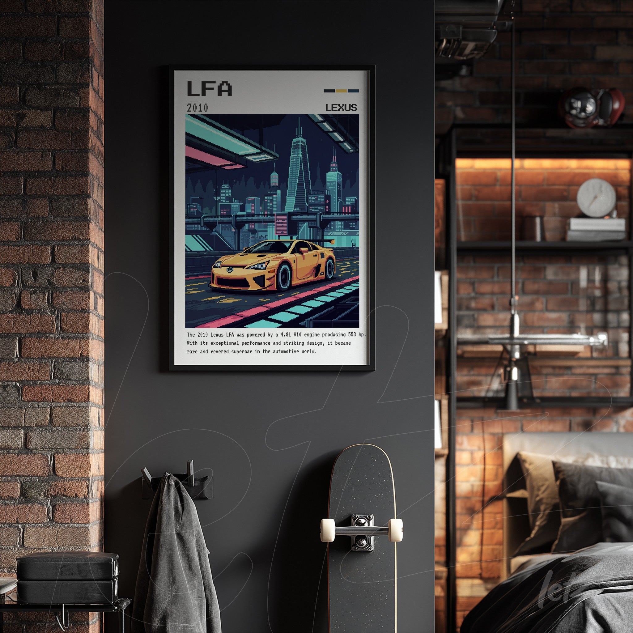 framed retro artwork of the Lexus LFA car in black frame displayed on a dark wall with industrial background elements