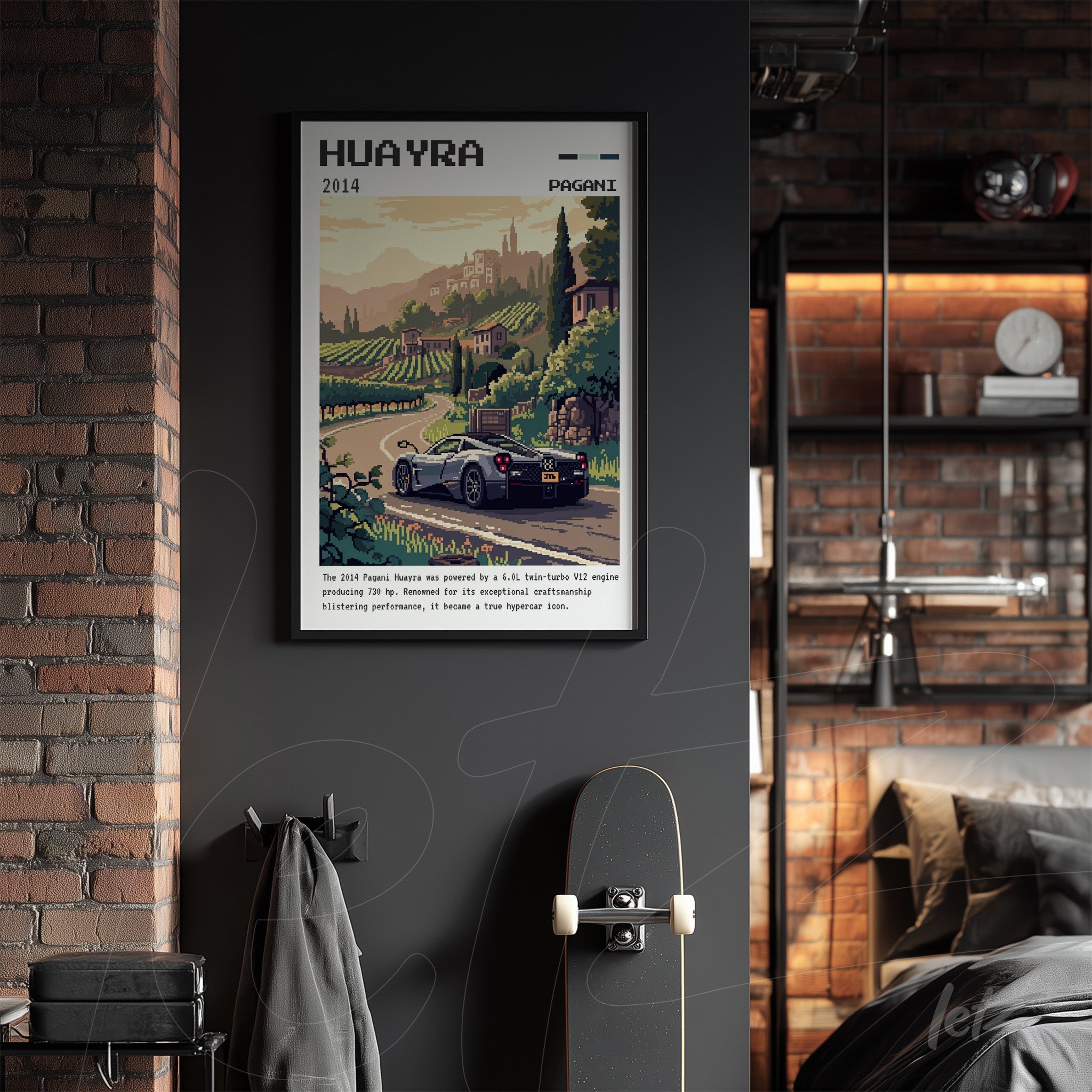 framed digital art of Pagani Huayra sports car on a scenic country road with vineyards and hills