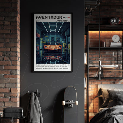 retro style wall art of Lamborghini Aventador in black frame