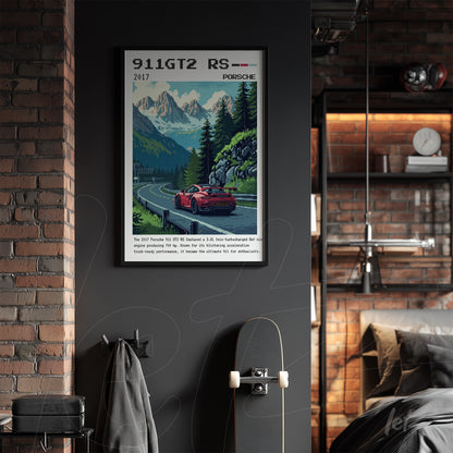 framed retro style artwork of Porsche 911 GT2 RS on a mountain road