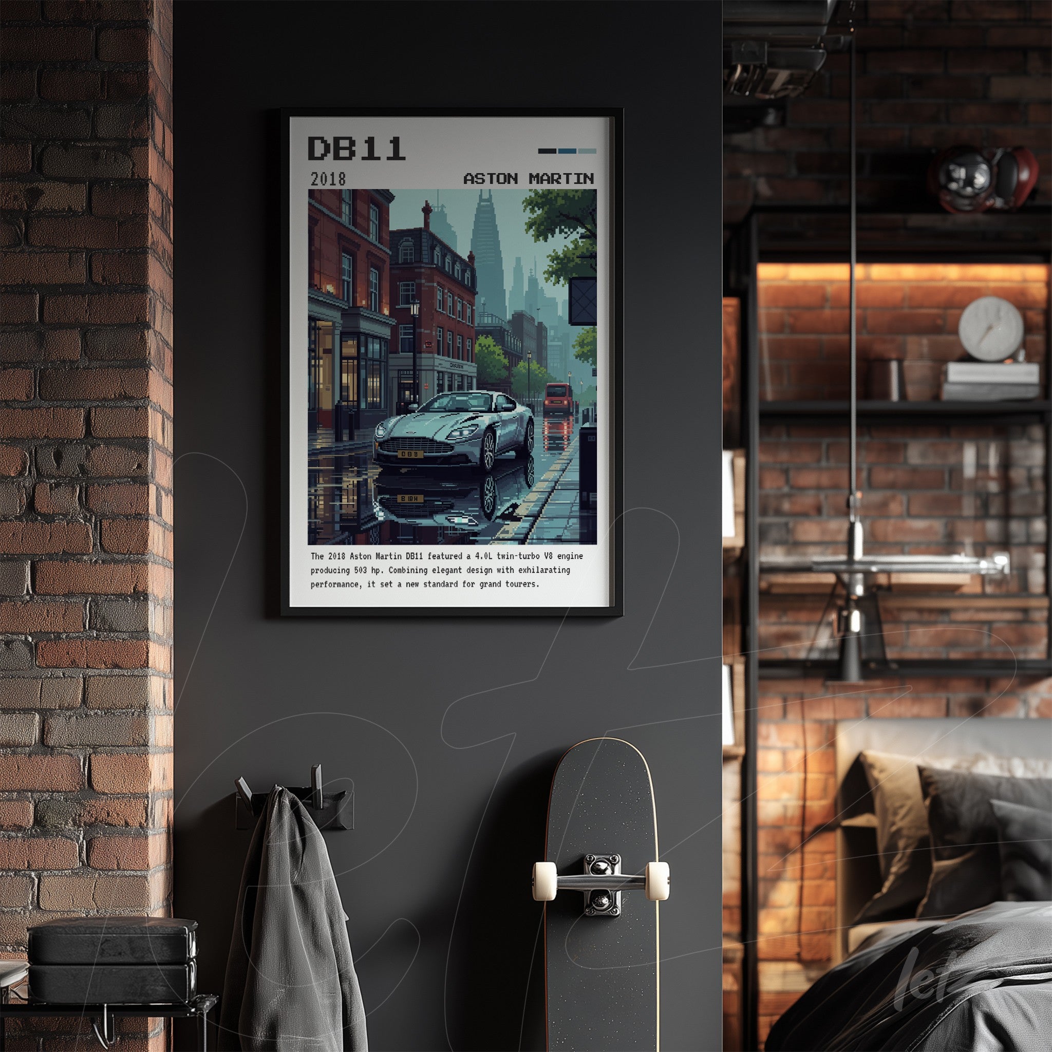 framed digital art of an aston martin db11 on a stylish street with a black frame