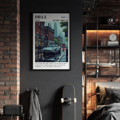 framed digital art of an aston martin db11 on a stylish street with a black frame