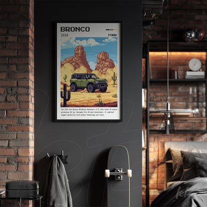 pixel art styled framed print featuring a 2020 Ford Bronco in a desert landscape with cacti