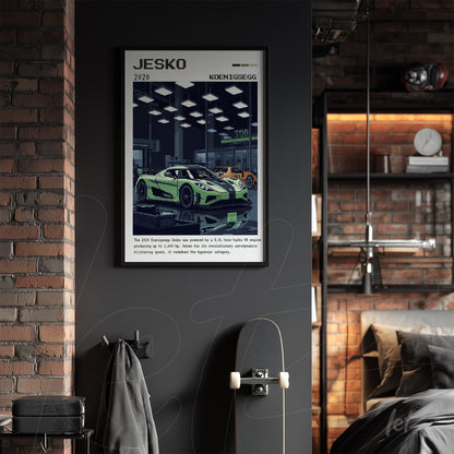 framed digital artwork of a koenigsegg jesko sports car with a black frame displayed on a dark wall with industrial details