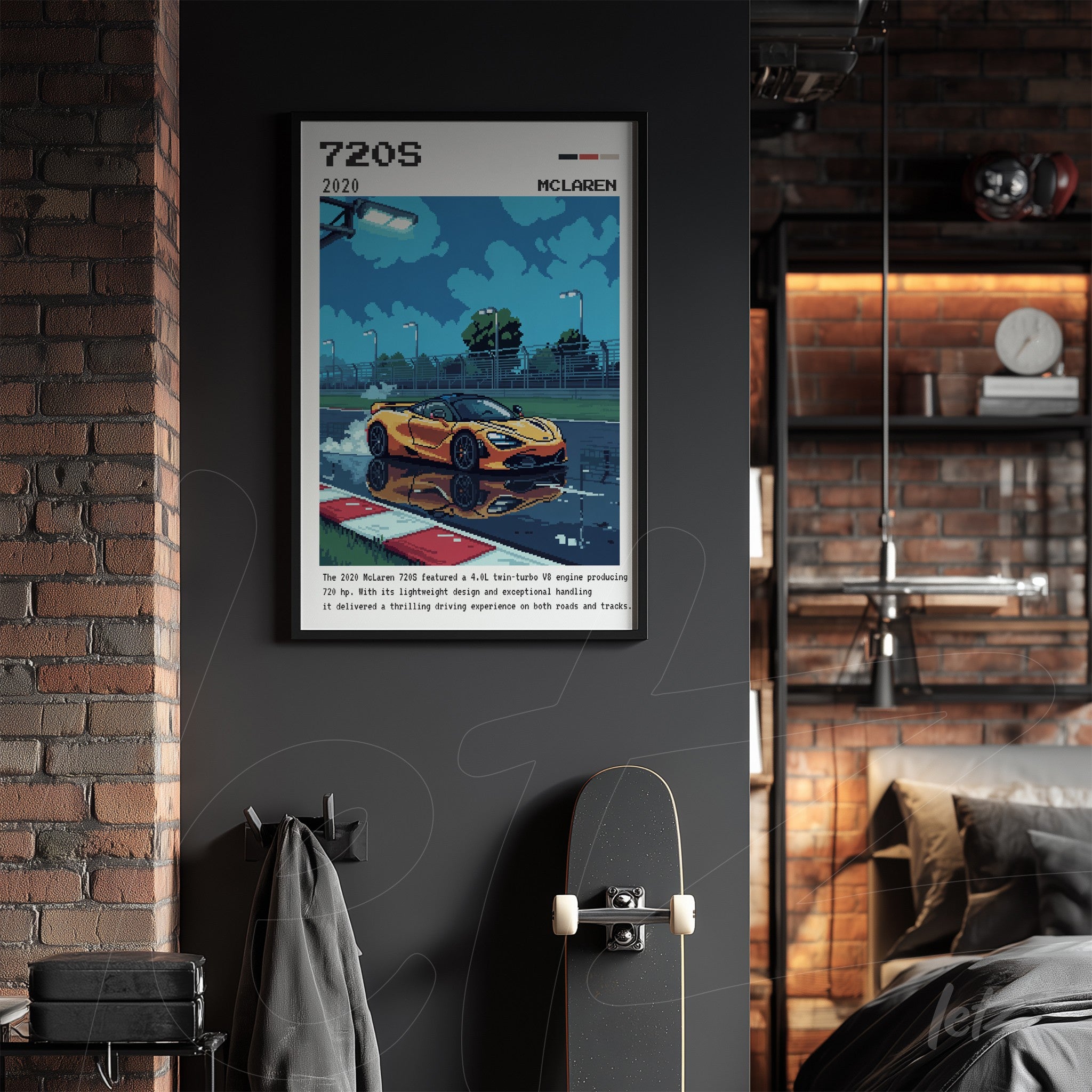 framed digital art of McLaren 720S car in black frame, featuring pixel art style with dark background