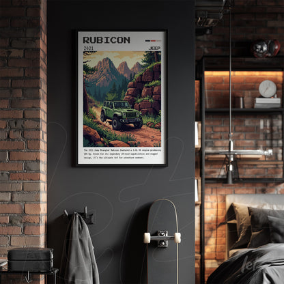 framed vintage illustration of a 2021 jeep rubicon surrounded by mountains with a black frame on a dark wall