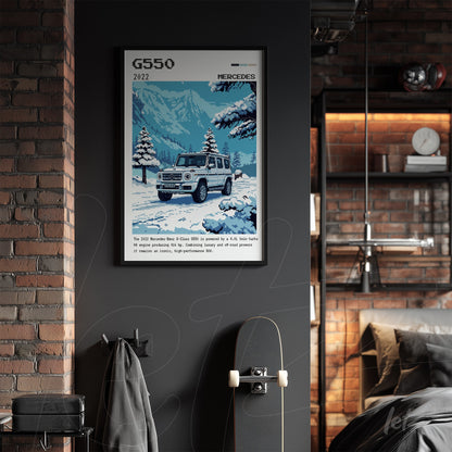 framed wall art featuring digital illustration of the 2022 Mercedes-Benz G550 in a dark room with wooden accents