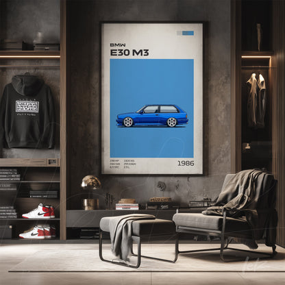 framed wall art featuring an illustration of BMW E30 M3 on a vibrant blue background with a simple frame
