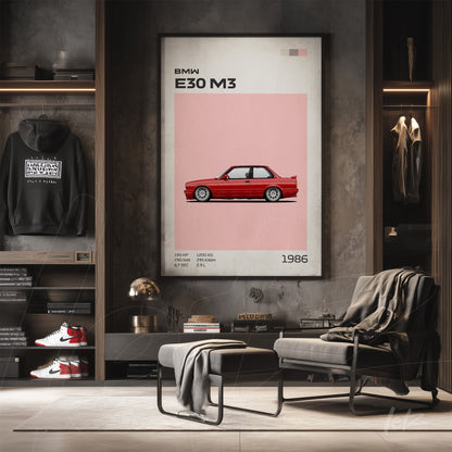 framed artwork featuring the BMW E30 M3 in pink background, showcased in a stylish setting