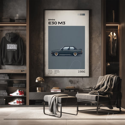 framed art piece featuring a sketch of the BMW E30 M3 in light frame displayed in a modern setting with concrete wall and minimalist decor