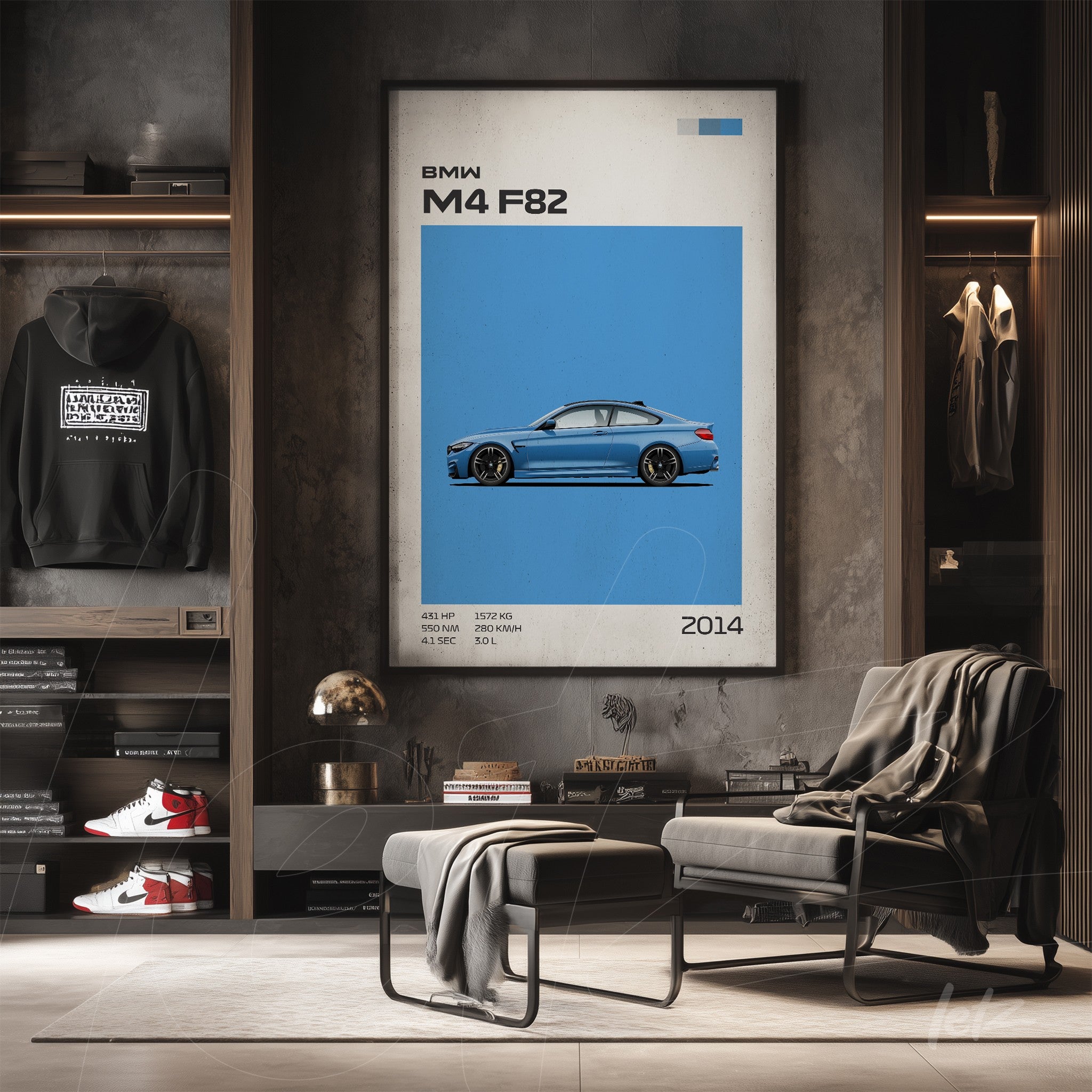framed wall art featuring a digital illustration of a BMW M4 F82 sports car in blue background, displayed in a modern room with shelves and chairs