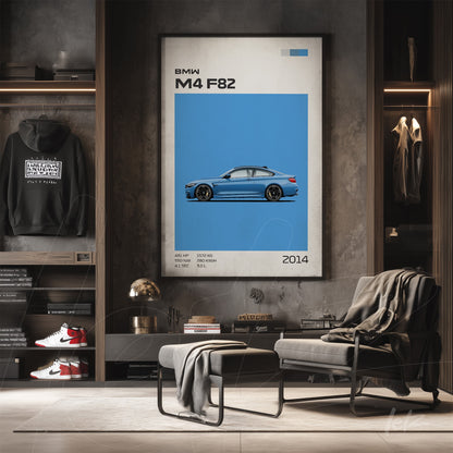 framed wall art featuring a digital illustration of a BMW M4 F82 sports car in blue background, displayed in a modern room with shelves and chairs