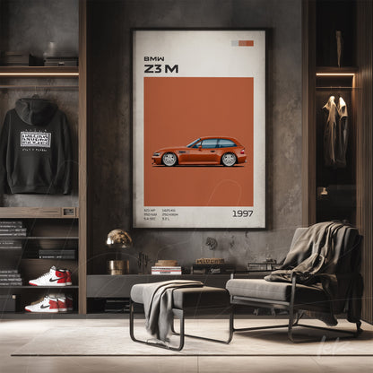 framed minimalist illustration of BMW Z3 M in orange hue displayed in a modern and stylish setting