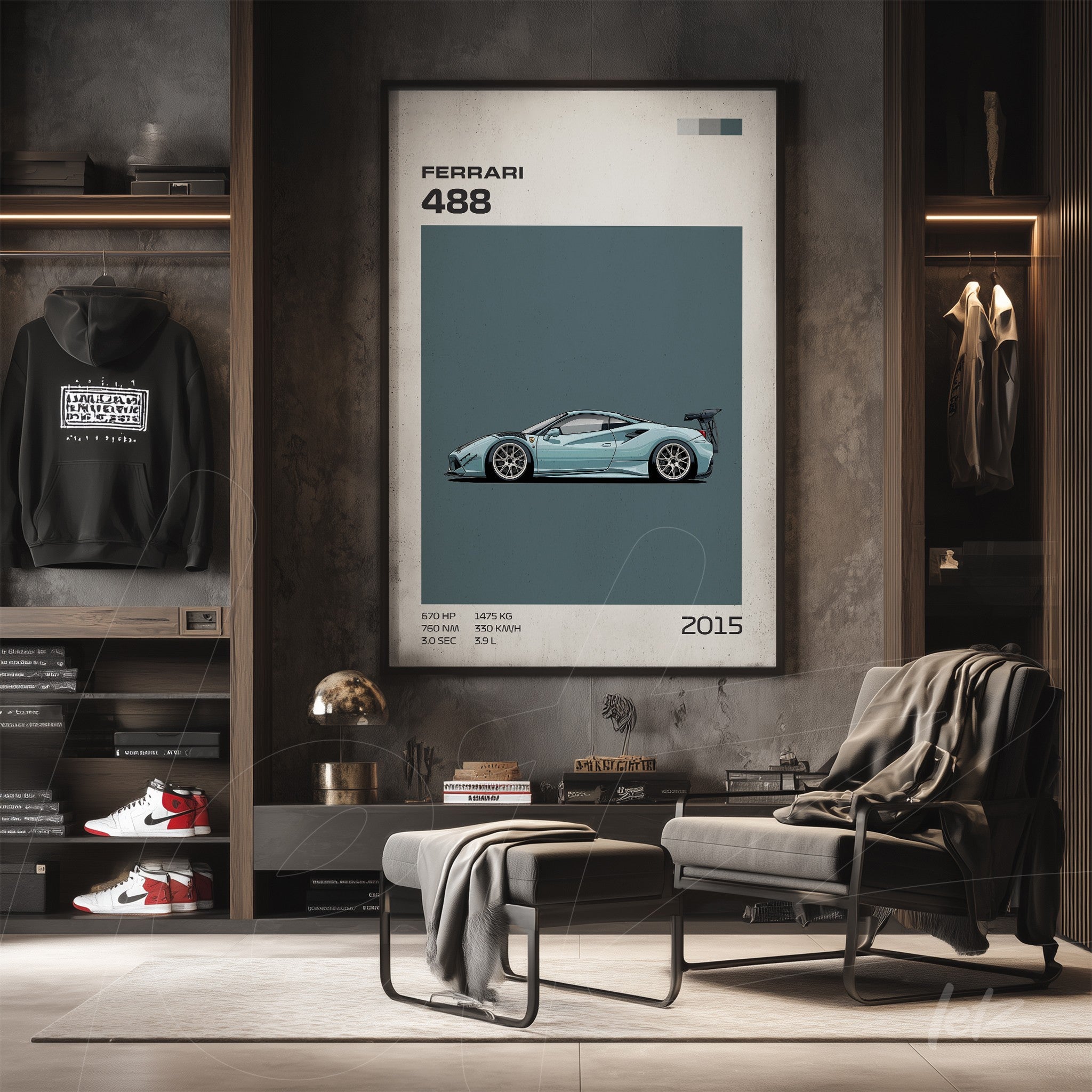 framed minimalist art of Ferrari 488 displayed on gray wall next to shelf with clothing and sneakers