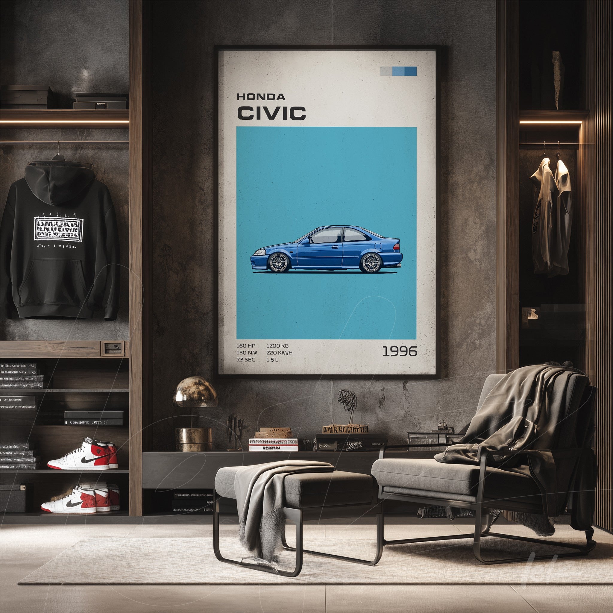 framed artwork featuring a blue Honda Civic illustration on a blue background with a retro style frame