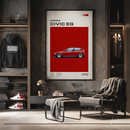 framed art of honda civic eg illustration on a red background with minimalist white frame in a modern setting