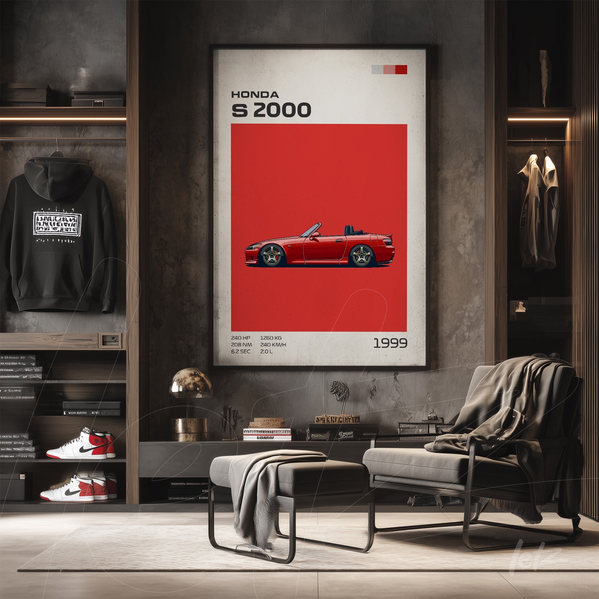 framed artwork featuring the Honda S2000 in vibrant red background and simple frame