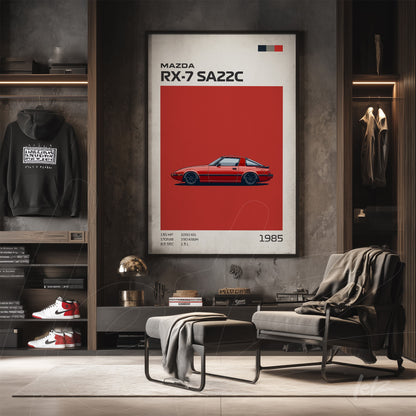 framed vintage art of Mazda RX-7 SA22C on red background with light-colored frame