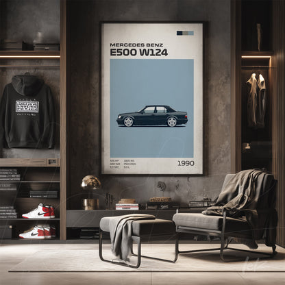 decorative wall art featuring an illustration of the Mercedes Benz E500 W124 in a minimalist style, dark frame with light blue background