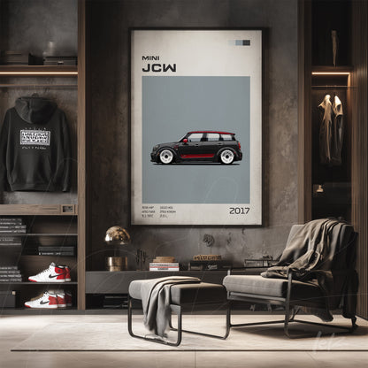 decorative wall art featuring an illustration of a Mini JCW car in a light frame on a gray wall