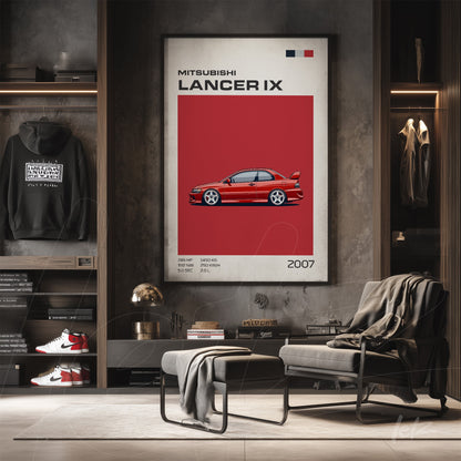 framed graphic art of Mitsubishi Lancer IX in red highlighted against a modern minimalist decor