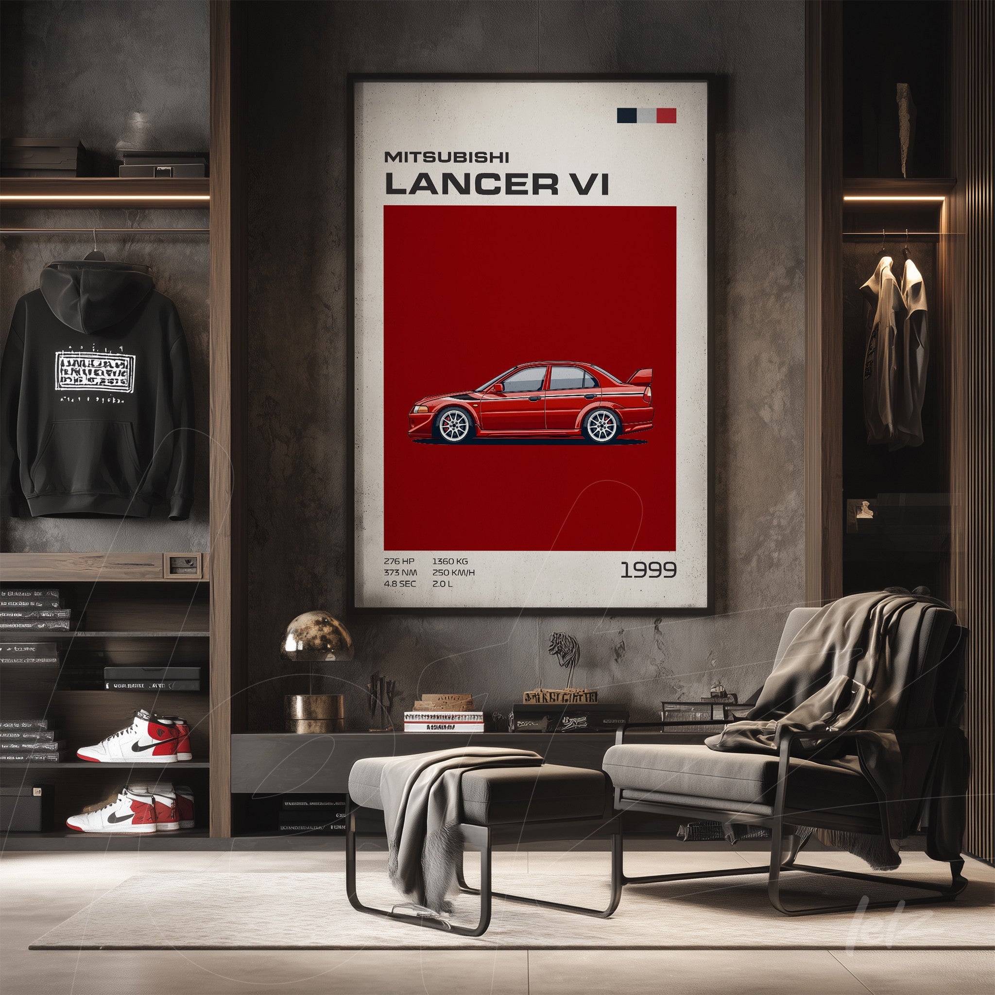 framed wall art featuring an illustration of Mitsubishi Lancer VI on a red background with visible technical details