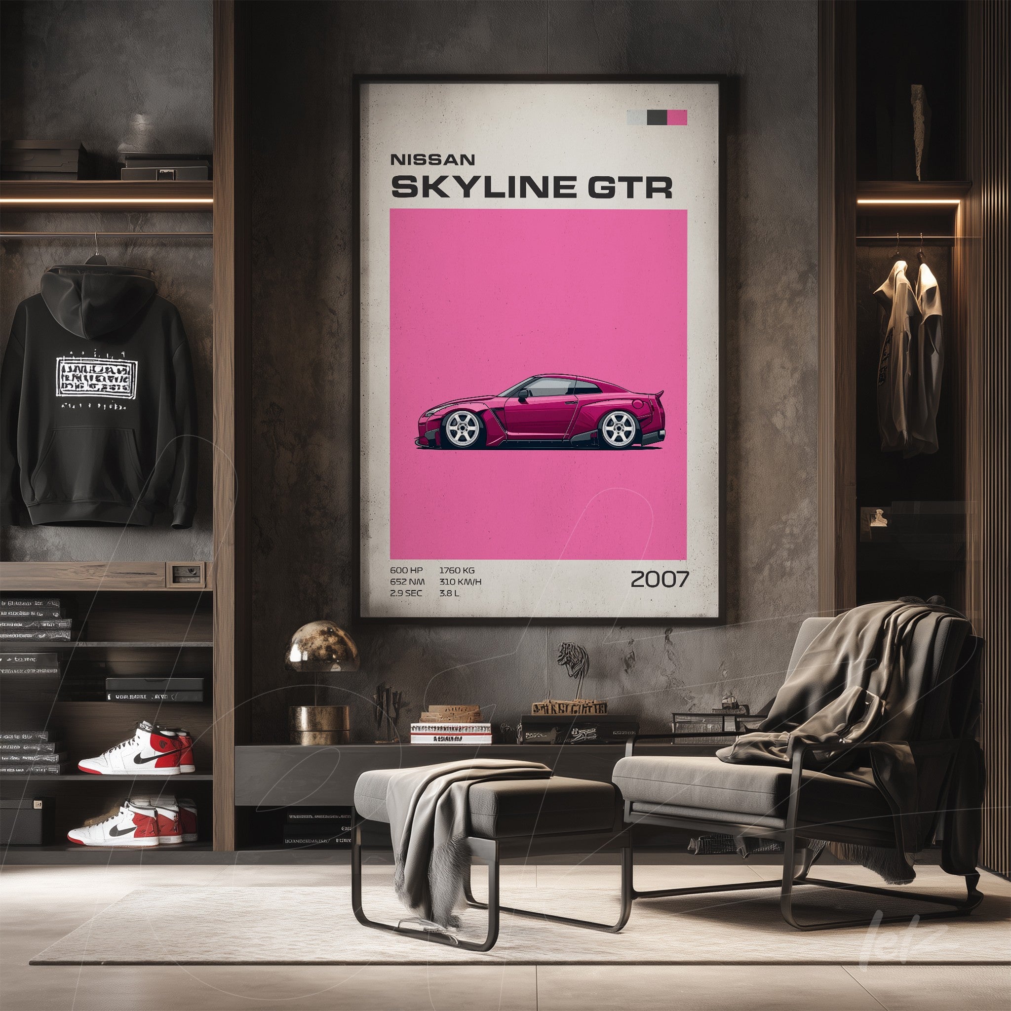 framed wall art featuring a digital illustration of a Nissan Skyline GTR on a vibrant pink background with a light frame