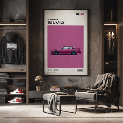 minimalist wall art of Nissan Silvia in pink background displayed in a modern setting with shelves and an armchair